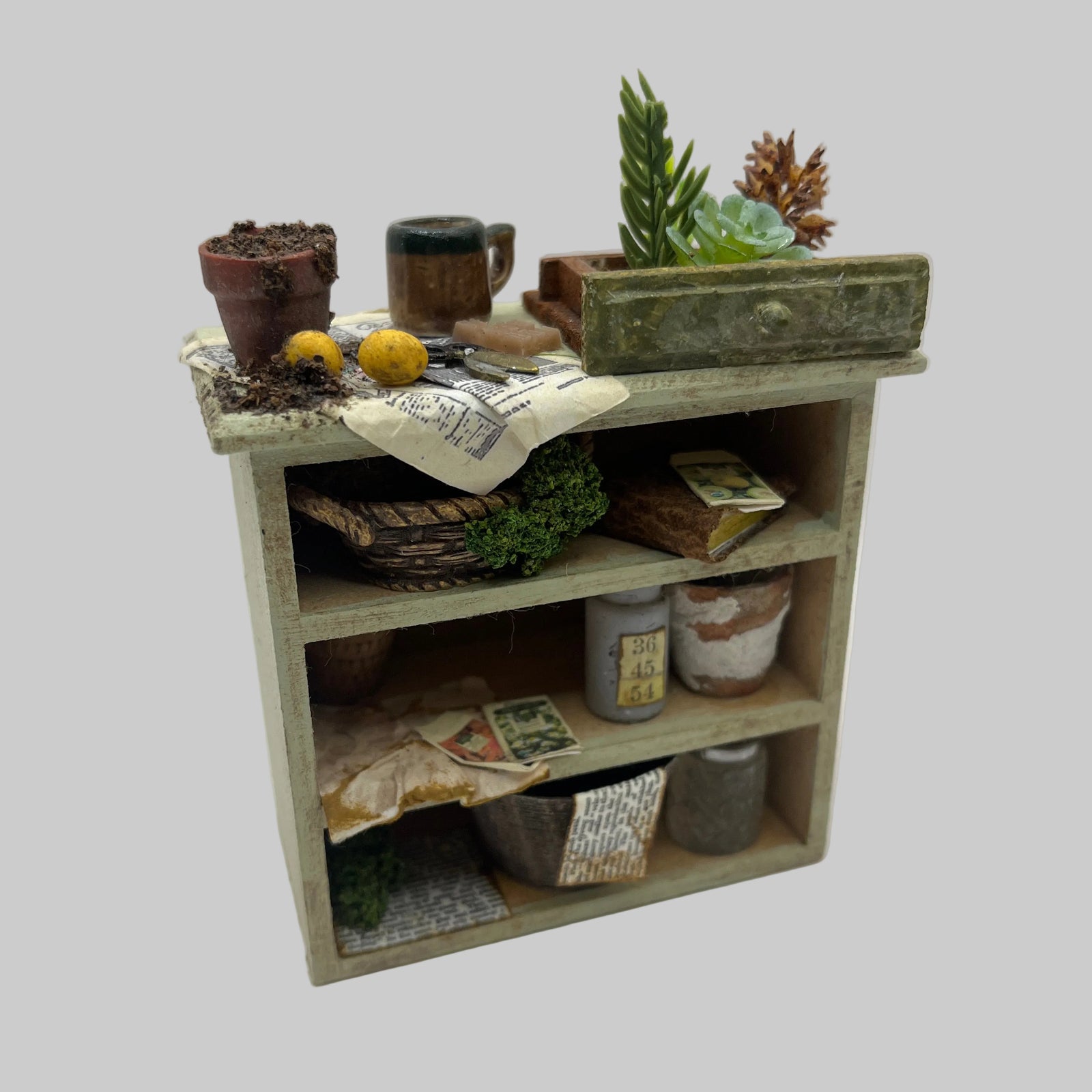 Dolls house potting shed shelves