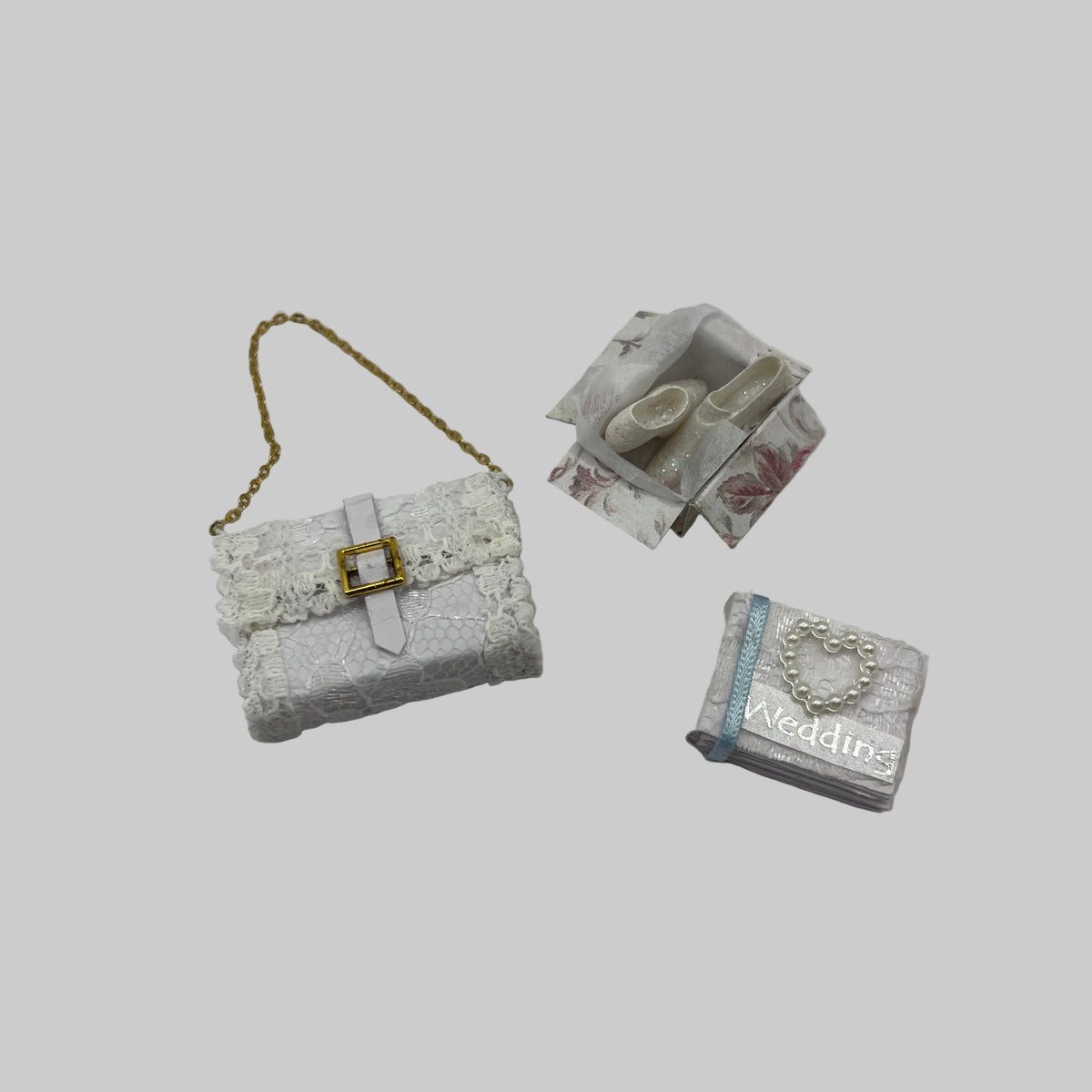 dolls house wedding bag, shoes and album