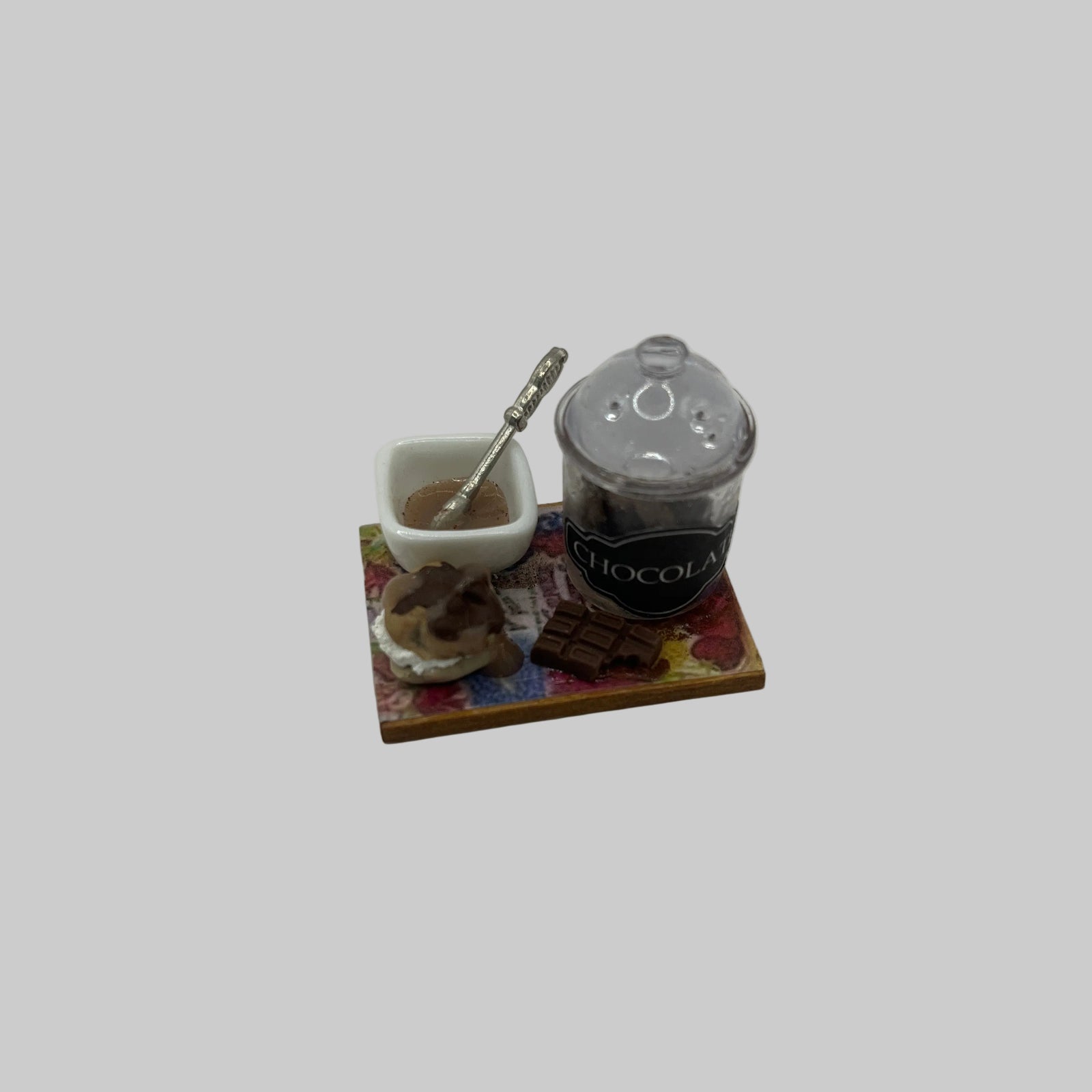 Dolls house chocolate cake prep board
