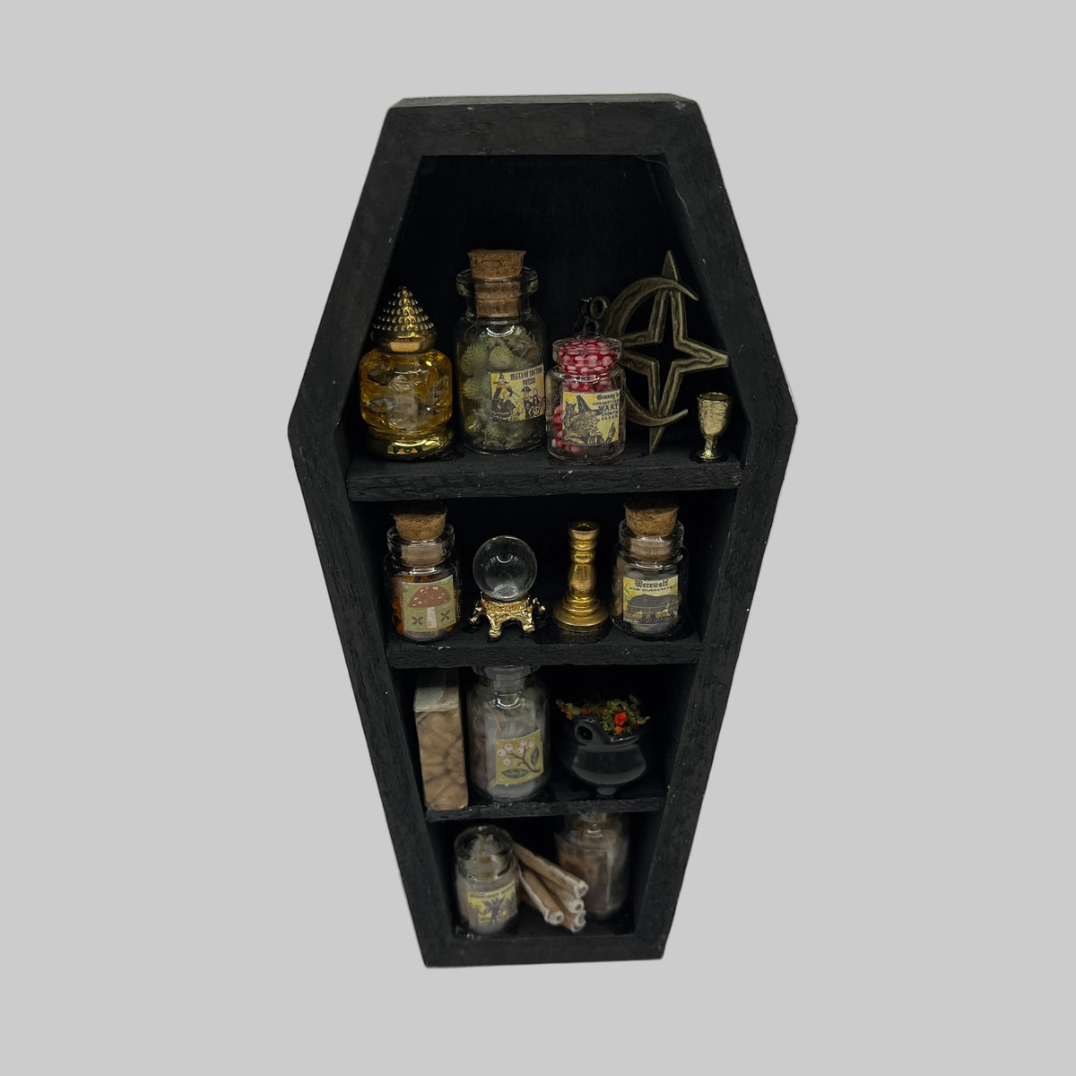 Dolls house coffin shaped witched shelves