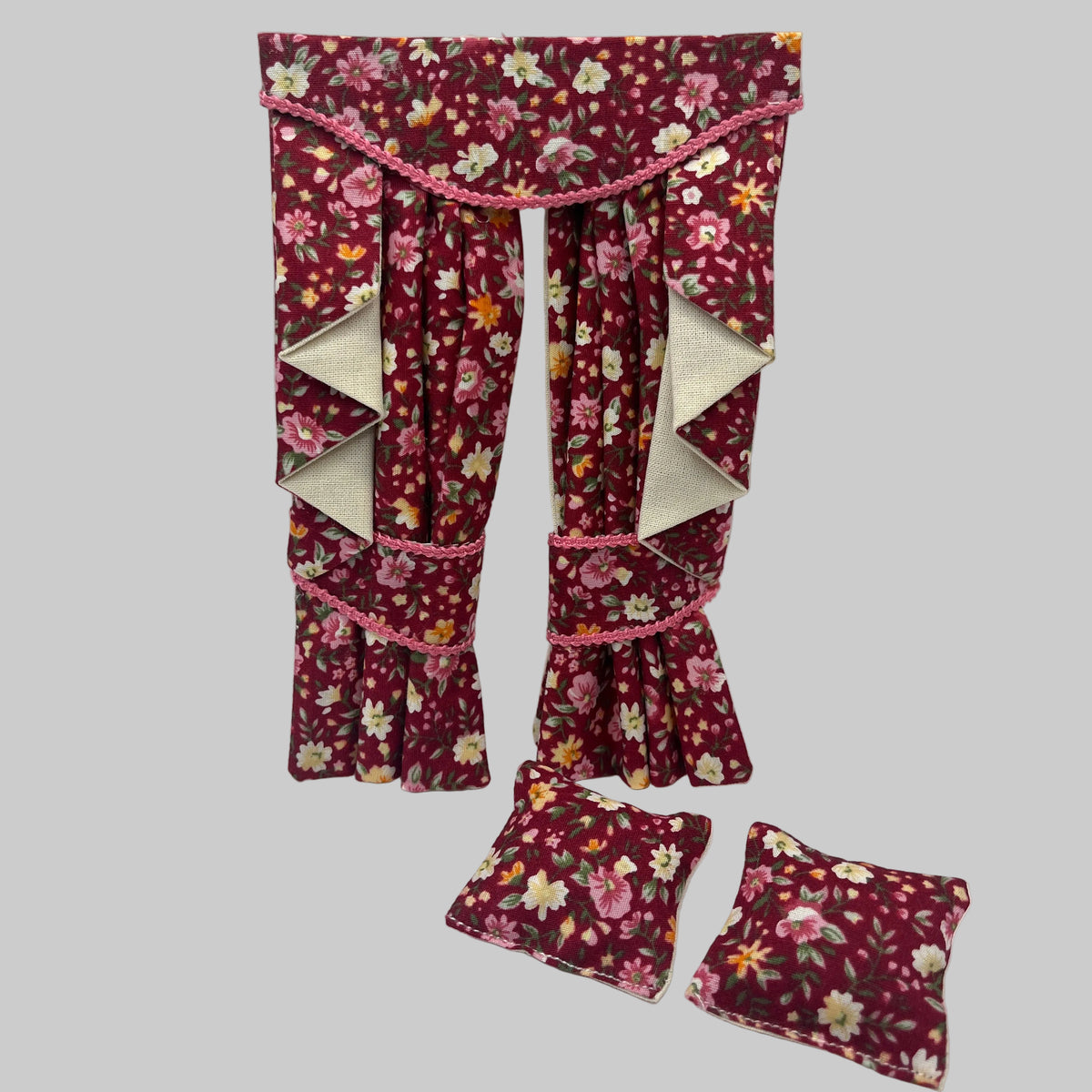 Dolls house red curtains