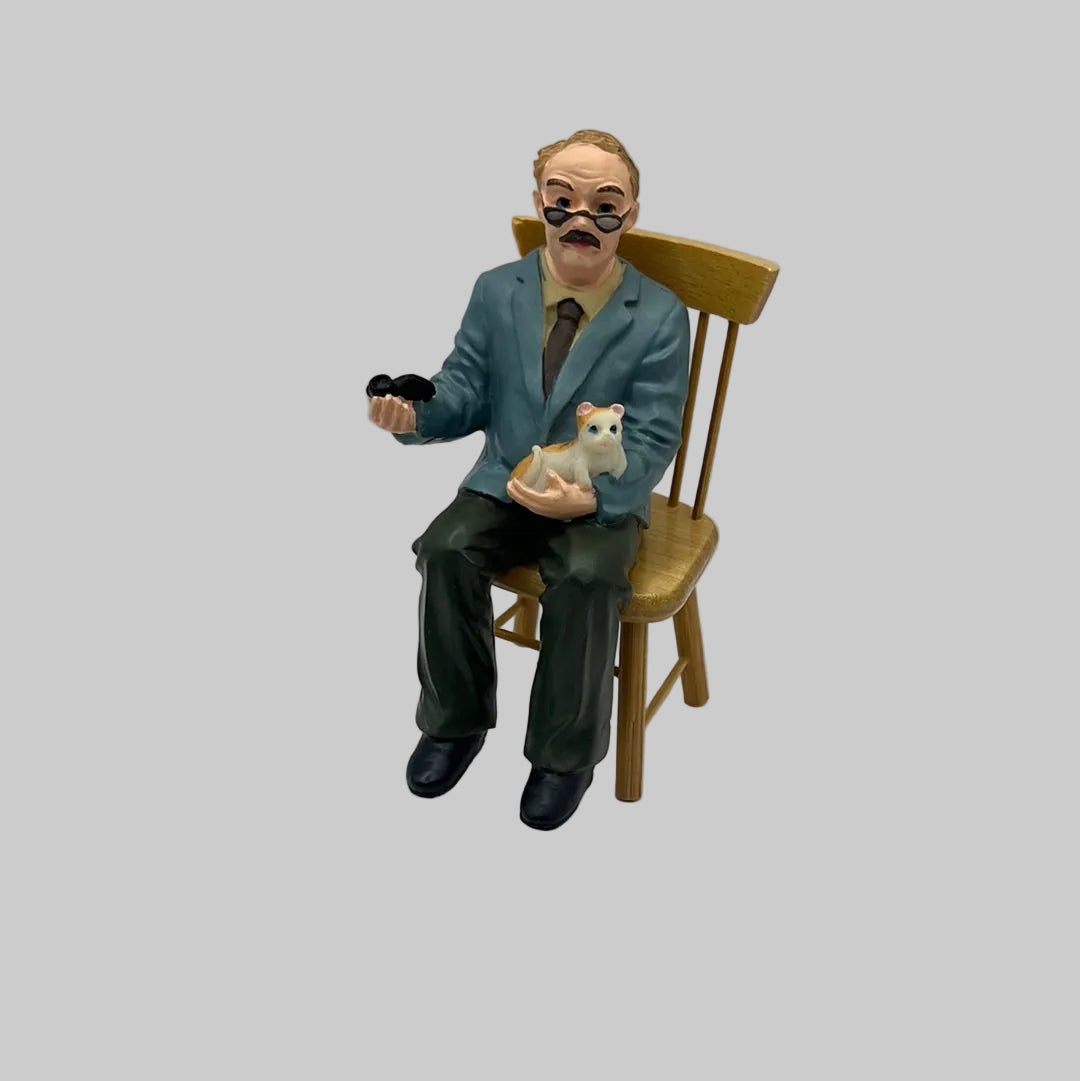 Dolls house Seated grandpa resin figure with cat