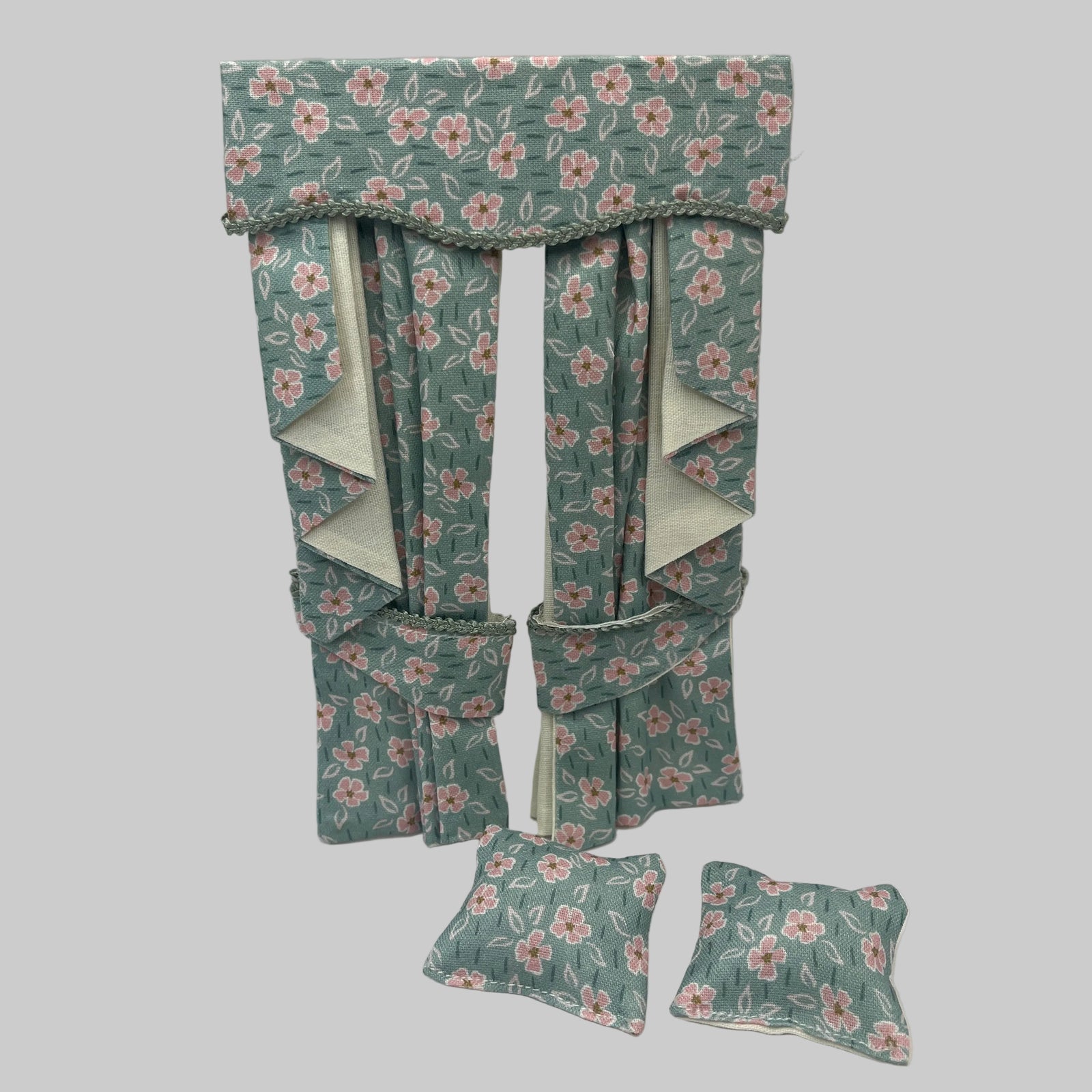 Dolls house teal curtains